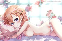 Rule 34 | 1girl, blush, bow, bow panties, breasts, brown hair, closed mouth, commentary request, dated, flower, gochuumon wa usagi desu ka?, hair between eyes, hair flower, hair ornament, hoto cocoa, light brown hair, looking at viewer, lying, medium breasts, navel, neki (wakiko), on stomach, panties, pillow, pink flower, pink rose, purple eyes, purple flower, rose, smile, solo, topless, twitter username, underwear, underwear only, white panties