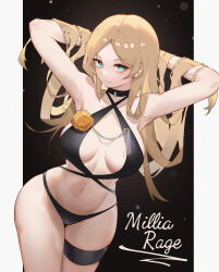 Rule 34 | 1girl, absurdres, adjusting hair, alternate costume, armpits, bikini, black bikini, black choker, blonde hair, blue eyes, breasts, character name, choker, flower, guilty gear, guilty gear strive, highres, large breasts, long hair, looking at viewer, millia rage, navel, rose, simple background, smile, solo, swimsuit, thick thighs, thigh strap, thighs, yellow flower, yellow rose, yzbr