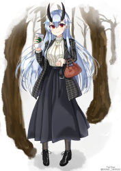 Rule 34 | 1girl, absurdres, alternate costume, bad id, bad pixiv id, bag, black footwear, black jacket, black legwear, black skirt, blush, breasts, casual, coffee cup, commentary request, contemporary, cup, disposable cup, dong ja9502, fate/grand order, fate (series), forest, hair between eyes, handbag, highres, holding, holding cup, horns, jacket, large breasts, long hair, long skirt, nature, oni horns, open clothes, open jacket, plaid, plaid jacket, red eyes, ribbed sweater, shoes, silver hair, skirt, smile, snow, solo, sweater, tomoe gozen (fate), turtleneck, turtleneck sweater, white sweater, winter