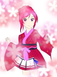 Rule 34 | 1girl, artist name, artist request, blush, braid, clover topia, crown braid, female focus, floral print, flower print, front ribbon, hair between eyes, highres, japanese clothes, kimono, looking at viewer, love live!, love live! school idol project, nishikino maki, pink ribbon, purple eyes, red hair, red kimono, ribbon, short hair, skirt, smile, solo, white skirt