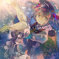 Rule 34 | 1girl, backpack, bag, barefoot, black hair, blue eyes, boots, unworn boots, bubble, cha goma, dress, floating hair, frilled skirt, frills, hair bobbles, hair ornament, highres, kawashiro nitori, light rays, light trail, long sleeves, looking at viewer, shirt, short hair, single shoe, skirt, skirt set, solo, sunbeam, sunlight, touhou, twintails, two side up, underwater, water, wet, wet clothes