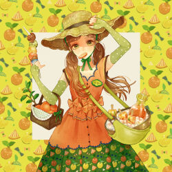 Rule 34 | 1girl, arm up, bag, basket, blush, bow, brown hair, dress, elbow gloves, fingerless gloves, food, fruit, gloves, hand on own forehead, hat, holding, holding basket, holding food, holding ice cream, ice, ice cream, ice cream cone, jug (bottle), long hair, low twintails, mouth hold, orange (fruit), orange slice, original, polka dot gloves, popsicle, quadruple scoop, short sleeves, shoulder bag, solo, spoon, straw hat, sun hat, sweat, twintails, very long hair, yunoto (conceit)