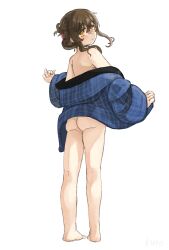 Rule 34 | 1girl, artist name, ass, blue jacket, brown hair, closed mouth, commentary request, floating hair, folded ponytail, from behind, hair ornament, hairclip, hanten (clothes), highres, inazuma (kancolle), jacket, kantai collection, kuro4221, long sleeves, looking at viewer, looking back, naked jacket, orange eyes, plaid, plaid jacket, removing jacket, short hair with long locks, simple background, solo, standing, white background