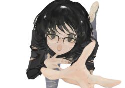 Rule 34 | 1girl, arm up, black-framed eyewear, black hair, black sweater, blue pants, denim, detached sleeves, flipped hair, foot out of frame, from above, glasses, hand up, highres, hunter x hunter, jeans, kkknoume, long sleeves, looking at viewer, looking up, open mouth, over-rim eyewear, pants, reaching, reaching towards viewer, running, semi-rimless eyewear, shizuku murasaki, shoe soles, short hair, simple background, solo, sweater, torn clothes, torn sleeves, turtleneck, turtleneck sweater, white background