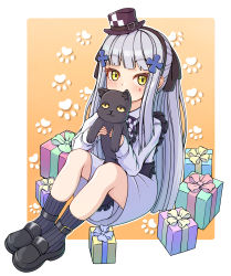 Rule 34 | 1girl, absurdres, aged down, animal, black ribbon, blush, box, cat, covering own mouth, facial hair, full body, gift, gift box, girls&#039; frontline, green eyes, hair ornament, hair ribbon, hairband, hat, highres, hk416 (black kitty&#039;s gift) (girls&#039; frontline), hk416 (girls&#039; frontline), holding, holding animal, holding cat, long hair, long sleeves, looking at viewer, meatbandit, mini hat, official alternate costume, paw print, paw print background, ribbon, silver hair, socks, solo