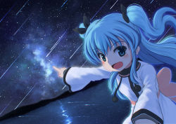 Rule 34 | 10s, 1girl, :d, blue eyes, blue hair, dress, dutch angle, hair ribbon, highres, kitayuki, long hair, looking at viewer, matching hair/eyes, meteor shower, noel (sora no method), open mouth, pointing, ribbon, sky, smile, solo, sora no method, star (sky), starry sky, two side up, white dress, wind