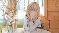 Rule 34 | 1girl, blonde hair, blurry, blurry background, blush, book, braid, branch, chair, closed eyes, closed mouth, commentary, day, depth of field, elbow rest, elf, facing viewer, flower, hair ornament, hairclip, hand on own cheek, hand on own face, head rest, indoors, jar, long hair, long sleeves, original, pointy ears, shirt, sitting, solo, sunako (veera), table, twin braids, twitter username, upper body, vase, water, white flower, white shirt