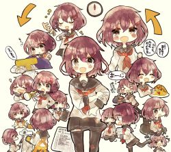 Rule 34 | &gt; &lt;, 1girl, anchor, apron, blush, clipboard, closed eyes, cup, fang, food, hair ornament, hairclip, heart, ikazuchi (kancolle), kantai collection, long sleeves, mika (hh7), multiple views, neckerchief, omelet, omurice, onigiri, open mouth, red neckerchief, rigging, sailor collar, school uniform, serafuku, short hair, simple background, sitting, skin fang, t-head admiral, translation request, yawning, yellow apron, yunomi