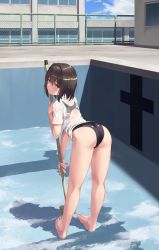 Rule 34 | 1girl, absurdres, ass, barefoot, bent over, black hair, black one-piece swimsuit, brown eyes, competition swimsuit, day, empty pool, from behind, highres, holding, looking at viewer, looking back, medium hair, mop, one-piece swimsuit, original, outdoors, pool, rebutsu, see-through, shadow, shirt, short sleeves, solo, standing, swimsuit, thighs, water, wet, wet clothes, wet shirt, white shirt