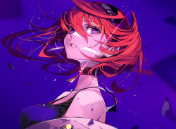 Rule 34 | 1girl, breasts, choker, colored eyelashes, earrings, from side, hair between eyes, headband, jewelry, looking at viewer, medium breasts, off shoulder, original, parted lips, pokimari, portrait, purple background, purple eyes, red hair, red pupils, solo