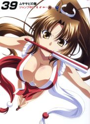 Rule 34 | 1girl, breasts, brown eyes, brown hair, cleavage, fatal fury, highres, izumi mahiru, japanese clothes, large breasts, long hair, pelvic curtain, ponytail, queen&#039;s blade, queen&#039;s gate, revealing clothes, shiranui mai, snk, solo, the king of fighters
