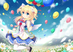 Rule 34 | 1girl, angel wings, balloon, bare arms, blonde hair, blue eyes, blue sky, bow, cloud, day, field, fisheye, flower, flower field, hair bow, hair flower, hair ornament, long hair, mountain, noe noel, original, pantyhose, shirt, sky, sleeveless, sleeveless shirt, solo, standing, standing on one leg, two side up, white pantyhose, wings, wrist cuffs