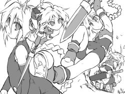 Rule 34 | 1girl, ahoge, armpits, arms up, ass, bike shorts, blouse, bodysuit, boots, braid, covered navel, crotch plate, elbow gloves, fighting stance, fingerless gloves, girl with a blonde braid (tomoshibi hidekazu), gloves, greyscale, knee up, long hair, monochrome, multiple views, original, ponytail, sheath, shirt, single braid, sketch, sleeveless, sleeveless shirt, squatting, sword, tomoshibi hidekazu, very long hair, weapon