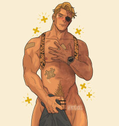 Rule 34 | 1boy, alternate facial hair, artist name, bar censor, bara, beard stubble, blonde hair, blush, censored, closed mouth, completely nude, covering crotch, covering privates, dilfborne (ventiskull), eyepatch, facial hair, highres, holding, jujutsu kaisen, large pectorals, male focus, male pubic hair, muscular, muscular male, nanami kento, navel, necktie, nipples, nude, one eye covered, pectorals, penis, penis peek, pubic hair, short hair, solo, spoilers, stubble, undone necktie, watch, wristwatch