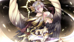 Rule 34 | 1girl, angel, angel wings, black wings, blush, breasts, dot nose, eushully, fallen angel, feathers, female focus, game cg, gloves, grey hair, hair between eyes, hair ornament, half-skirt, halo, horn, large breasts, looking at viewer, multiple wings, open mouth, ramiel (tenmei no conquista), red eyes, solo, sword, tenmei no conquista, weapon, whip, whip sword, wings, yano mitsuki (nanairo)