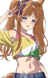 Rule 34 | 1girl, 96dai 0313, abs, absurdres, alternate costume, alternate hairstyle, animal ears, bare shoulders, blush, breasts, brown hair, casual, clothing cutout, commentary request, cosplay, cropped shirt, ear ornament, fingernails, grass wonder (umamusume), groin, highres, horse ears, horse girl, horse tail, long hair, looking at viewer, mayano top gun (umamusume), midriff, navel, open mouth, shirt, shoulder cutout, simple background, small breasts, smile, solo, sweat, tail, tokai teio (umamusume), tokai teio (umamusume) (cosplay), twintails, umamusume, upper body, v, white background, yellow shirt