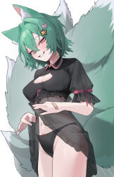 Rule 34 | 1girl, absurdres, animal ear fluff, animal ears, black negligee, black panties, breasts, character request, cleavage, copyright request, dress, fangs, fox ears, fox girl, fox tail, frilled negligee, gloves, green hair, green nails, hair between eyes, hair ornament, highres, kitsune, large breasts, lingerie, multiple tails, naughty face, navel, negligee, panties, pink eyes, rima (0136), see-through, see-through dress, short hair, simple background, solo, tail, thighs, underwear, white background