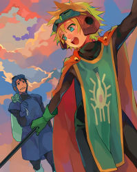Rule 34 | 2boys, ass, blonde hair, bodysuit, bodysuit under clothes, cape, commentary request, dragon quest, dragon quest ii, goggles, goggles on head, goggles on headwear, graphite (medium), highres, male focus, mogura (mogura56), multiple boys, pantyhose, prince of lorasia, prince of samantoria, short hair, spiked hair, traditional media