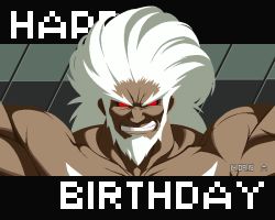 Rule 34 | 1boy, beard, dark skin, dark-skinned male, dated, eyebrows, facial hair, grin, happy birthday, male focus, muscular, no pupils, official art, pixel art, red eyes, topless male, smile, solo, thick eyebrows, under night in-birth, upper body, waldstein, white hair