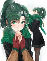 Rule 34 | 1boy, 1girl, absurdres, alternate costume, blush, breasts, closed eyes, contemporary, earrings, enpera, fire emblem, fire emblem: the blazing blade, fire emblem heroes, green eyes, green hair, high ponytail, highres, holding hands, jacket, jewelry, long hair, looking at viewer, lyn (fire emblem), medium breasts, miniskirt, multiple views, nintendo, open mouth, ormille, own hands together, pantyhose, parted bangs, ponytail, scarf, simple background, skirt, smile, white background, winter clothes