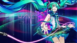 Rule 34 | 1girl, aqua hair, blue eyes, female focus, flower, glowing, hatsune miku, headphones, long hair, makeup, miwa shirow, open mouth, outstretched hand, purple eyes, rose, smile, solo, twintails, vocaloid, waving