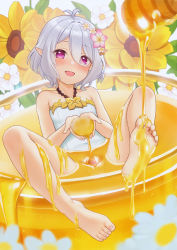 Rule 34 | 1girl, :d, antenna hair, bare legs, bare shoulders, barefoot, blush, bowl, breasts, dripping, elf, feet, flower, food, food on body, food on legs, food on toes, foot focus, fukuro daizi, green one-piece swimsuit, hair flower, hair ornament, highres, holding, holding food, honey, honey dipper, kokkoro (princess connect!), legs up, looking at viewer, one-piece swimsuit, open mouth, oversized object, own hands together, partially submerged, pink eyes, pink flower, pointy ears, princess connect!, short hair, silver hair, sitting, small breasts, smile, solo, swimsuit, toes, white flower