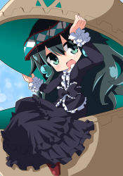 Rule 34 | 1girl, :d, arms up, black bow, black dress, blush, bow, commentary request, dress, frilled bow, frills, gothic lolita, green eyes, green hair, hair between eyes, head tilt, lolita fashion, long sleeves, looking at viewer, magatama, open mouth, osaragi mitama, oshiro project:re, oshiro project:re, red footwear, shoes, sitting, smile, solo, yoshinogari (oshiro project)