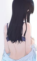 Rule 34 | 1girl, back, back focus, bare shoulders, bario, black hair, bra, commentary, facing away, from behind, highres, long hair, off shoulder, original, purple bra, shirt, simple background, solo, sweat, underwear, undressing, upper body, white background, white shirt
