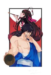 Rule 34 | 1boy, 1girl, abs, alternate costume, alternate hairstyle, black border, black hair, blue kimono, border, cup, dice, fate/grand order, fate (series), goya (xalbino), hair over one eye, hair ribbon, japanese clothes, kimono, koha-ace, long hair, looking at viewer, moon, multicolored hair, nipples, open clothes, open kimono, open mouth, oryou (fate), pectorals, ponytail, red eyes, revealing clothes, ribbon, sakamoto ryouma (fate), short sleeves, sidelocks, signature, smile, smoking pipe, toned, toned male, two-tone hair, upper body, very long hair