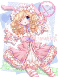 Rule 34 | 1girl, ;d, animal ears, blonde hair, blue eyes, character name, drill hair, fake animal ears, frills, hairband, koyoi (ruka), lolita fashion, lolita hairband, looking at viewer, my melody, one eye closed, onegai my melody, open mouth, personification, rabbit ears, sanrio, smile, solo, striped clothes, striped thighhighs, thighhighs