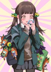 Rule 34 | 1girl, bag, black pantyhose, blazer, blush, brown eyes, brown hair, buttoned cuffs, buttons, character charm, character doll, charm (object), commentary request, cowboy shot, crying, crying with eyes open, highres, horseshoe, jacket, long hair, long sleeves, moffumoto, open mouth, original, pantyhose, pleated skirt, school bag, school uniform, silence suzuka (umamusume), skirt, solo, tears, twintails, umamusume