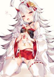 Rule 34 | 1girl, :d, @ @, ahoge, azur lane, bare shoulders, breasts, crop top, fang, fur trim, gluteal fold, gradient hair, hair ornament, halterneck, halterneck, hibiki (azur lane), highres, holding, holding jar, horns, jar, kneeling, long hair, long sleeves, looking at viewer, midriff, miniskirt, multicolored hair, navel, no shoes, off shoulder, open mouth, pleated skirt, red eyes, red skirt, silver hair, simple background, skindentation, skirt, sleeveless, small breasts, smile, solo, stomach, thighhighs, unacchi (nyusankin), very long hair, white background, white thighhighs, wide sleeves