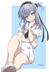 Rule 34 | 1girl, alternate costume, artist name, black necktie, blue background, closed mouth, dated, dress, gakky, grey eyes, grey hair, hachimaki, hair between eyes, hand on own chest, headband, kantai collection, looking at viewer, loose socks, medium hair, necktie, one-hour drawing challenge, smile, socks, solo, suzutsuki (kancolle), two-tone background, white background, white dress, white socks