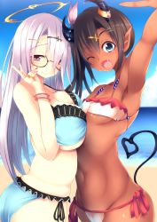 Rule 34 | 2girls, angel and devil, asymmetrical docking, beach, bikini, black hair, blue eyes, breast press, breasts, demon horns, demon tail, glasses, halo, highres, horns, large breasts, long hair, multiple girls, one eye closed, original, pink hair, pointy ears, red eyes, short hair, small breasts, sukage, swimsuit, tail