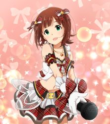Rule 34 | 10s, 1girl, amami haruka, bow, brown hair, gloves, green eyes, hair bow, highres, idolmaster, idolmaster (classic), idolmaster one for all, jewelry, koiwai ringo, microphone, midriff, navel, necklace, official style, short hair, solo, white gloves