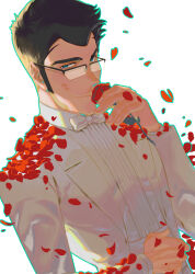 Rule 34 | 1boy, absurdres, aqua outline, arsene lupin iii, bacchus lpiii, black hair, bow, bowtie, facial hair, flower, formal, glasses, grey eyes, hand hair, highres, holding, holding flower, knuckle hair, long sideburns, long sleeves, looking at viewer, lupin iii, male focus, mature male, petals, rectangular eyewear, red flower, red rose, rose, rose petals, short hair, sideburns, sideburns stubble, simple background, smelling flower, smile, solo, stubble, suit, white background, white bow, white bowtie, white suit