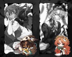 Rule 34 | 1boy, 1girl, absurdres, aged down, animal skull, beard, black dress, black sclera, bouquet, brown hair, cheongdan t, chibi, chibi inset, closed mouth, colored sclera, crescent, crescent hair ornament, dark-skinned male, dark skin, dot mouth, dress, druvis iii, facial hair, flower, from side, fur scarf, green eyes, grin, hair ornament, hand on own forehead, highres, holding, holding bouquet, holding staff, leaf hair ornament, long hair, looking at viewer, mage staff, mask, mask on head, mistletoe, orange hair, profile, reverse:1999, robe, shamane, skull mask, smile, staff, very long hair, white robe