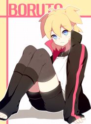 Rule 34 | 1boy, ahoge, alternate hairstyle, arm support, bad id, bad pixiv id, black footwear, black shorts, black thighhighs, blonde hair, blue eyes, boruto: naruto the movie, character name, closed mouth, eyebrows, facial mark, hair between eyes, high collar, jacket, jewelry, long sleeves, male focus, naruto, naruto (series), necklace, nipye, outline, shoes, short hair, shorts, sitting, sleeves past wrists, solo, thighhighs, toeless footwear, trap, twintails, uzumaki boruto, wavy mouth
