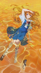 Rule 34 | 1girl, asukayou, blonde hair, blue eyes, blue skirt, closed mouth, expressionless, full body, hand on own forehead, highres, kneehighs, loafers, long hair, looking at viewer, lying, neck ribbon, neon genesis evangelion, on back, partially submerged, red ribbon, ribbon, school uniform, shirt, shoes, unworn shoes, short sleeves, skirt, socks, solo, souryuu asuka langley, white shirt, white socks