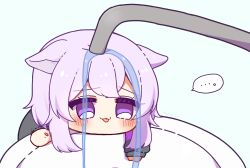 Rule 34 | ..., 0725akaba, 1girl, absurdres, animal ears, blue background, blush, cat ears, cat under faucet (meme), chibi, commentary request, faucet, highres, hololive, meme, nekomata okayu, nekomata okayu (1st costume), partial commentary, purple eyes, purple hair, simple background, sink, solo, speech bubble, spoken ellipsis, tongue, tongue out, upper body, virtual youtuber, water, you&#039;re doing it wrong