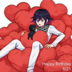 Rule 34 | 1boy, black footwear, black hair, black headwear, black jacket, black pants, blush, checkered clothes, checkered scarf, chibi, danganronpa (series), danganronpa v3: killing harmony, feet out of frame, grey background, hair between eyes, happy birthday, heart, heart-shaped pillow, jacket, long sleeves, looking at another, male focus, meipoi, mixed-language commentary, open mouth, oma kokichi, pants, pillow, purple eyes, saihara shuichi, scarf, sitting, solo, too many, white jacket, white pants