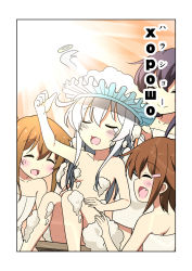 Rule 34 | 10s, 4girls, :d, ^ ^, akatsuki (kancolle), bathing, bell (oppore coppore), black hair, blood, brown hair, closed eyes, commentary request, convenient censoring, fang, folded ponytail, gradient background, hair ornament, hairclip, halo, hibiki (kancolle), highres, horosho, ikazuchi (kancolle), inazuma (kancolle), kantai collection, long hair, multiple girls, naked towel, nosebleed, nude, open mouth, shampoo hat, short hair, silver hair, smile, soap bubbles, thumbs up, towel, translation request