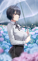 Rule 34 | 1girl, absurdres, ahoge, black pants, black ribbon, blurry, blurry foreground, breasts, collared shirt, commentary request, depth of field, flower, highres, holding, holding umbrella, hydrangea, ki-16, large breasts, long sleeves, neck ribbon, original, outdoors, pants, rain, ribbon, shirt, shirt tucked in, short hair, solo, umbrella, white shirt