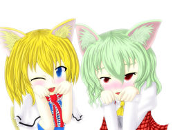Rule 34 | 2girls, alice margatroid, animal ears, arms up, ascot, blonde hair, blue dress, blue eyes, blush, buttons, capelet, cat ears, cat girl, cat tail, dress, dress shirt, empty, empty (artist), eyebrows, fang, female focus, green hair, kazami yuuka, kemonomimi mode, long sleeves, looking at viewer, multiple girls, no headwear, one eye closed, open mouth, paw pose, plaid, plaid vest, red eyes, ribbon, shirt, short hair, short sleeves, simple background, tail, touhou, vest, white background, wink