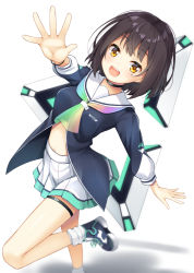 Rule 34 | 1girl, :d, arm up, brown hair, choker, highres, looking up, midriff, miniskirt, neckerchief, open mouth, outstretched hand, pictoria, pleated skirt, sailor collar, shoes, short hair, simple background, skirt, smile, sneakers, socks, solo, standing, standing on one leg, stomach, thigh strap, towa kiseki, virtual youtuber, white background, white sailor collar, white skirt, white socks, win opz, yellow eyes