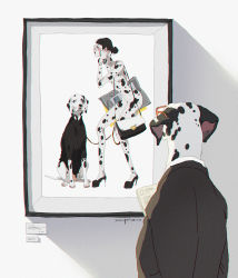 Rule 34 | 1girl, abstract, arm up, bag, black footwear, black hair, black suit, black sweater, breasts, chromatic aberration, commentary, dalmatian, dalmatian print, dated, english commentary, formal, from behind, from side, glasses, hair bun, handbag, high heels, highres, holding, holding newspaper, medium breasts, newspaper, nude, original, personification, profile, ribbed sweater, round eyewear, single hair bun, solo, suit, sweater, watch, wristwatch, xi zhang
