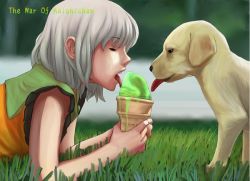 Rule 34 | 1girl, bukimi isan, closed eyes, derivative work, dog, face, female focus, food, grass, green hair, grey hair, ice cream, image sample, komeiji koishi, licking, lying, md5 mismatch, no headwear, on stomach, pixiv sample, puppy, resized, resolution mismatch, shared food, short hair, solo, source larger, touhou