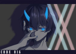 Rule 34 | 10s, 1boy, absurdres, asukawho, black hair, blue eyes, blue horns, blue nails, character name, commentary request, darling in the franxx, hand on own face, highres, hiro (darling in the franxx), horns, letterboxed, looking at viewer, male focus, nail polish, oni horns, short hair, solo