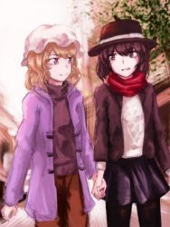 Rule 34 | 2girls, alternate costume, artist request, bad id, bad twitter id, black hair, blonde hair, brown eyes, brown hair, casual, coat, holding hands, hat, highres, japanese clothes, looking at another, maribel hearn, mob cap, multiple girls, pantyhose, purple eyes, scarf, short hair, skirt, smile, touhou, turtleneck, usami renko, wasabisuke, winter clothes