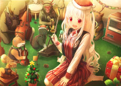 Rule 34 | 1girl, :d, aiuabo, albino, ape, bear, black cat, blonde hair, blush, boar, cat, christmas, dress, fox, gift, hat, highres, indoors, instrument, jewelry, kneeling, long sleeves, mouse (animal), multicolored nails, nail polish, necklace, open mouth, original, pantyhose, pearl necklace, pinafore dress, red dress, red eyes, seiza, sidelocks, sitting, sleeveless, sleeveless dress, smile, solo, squirrel, twintails, violin, white hair, white pantyhose